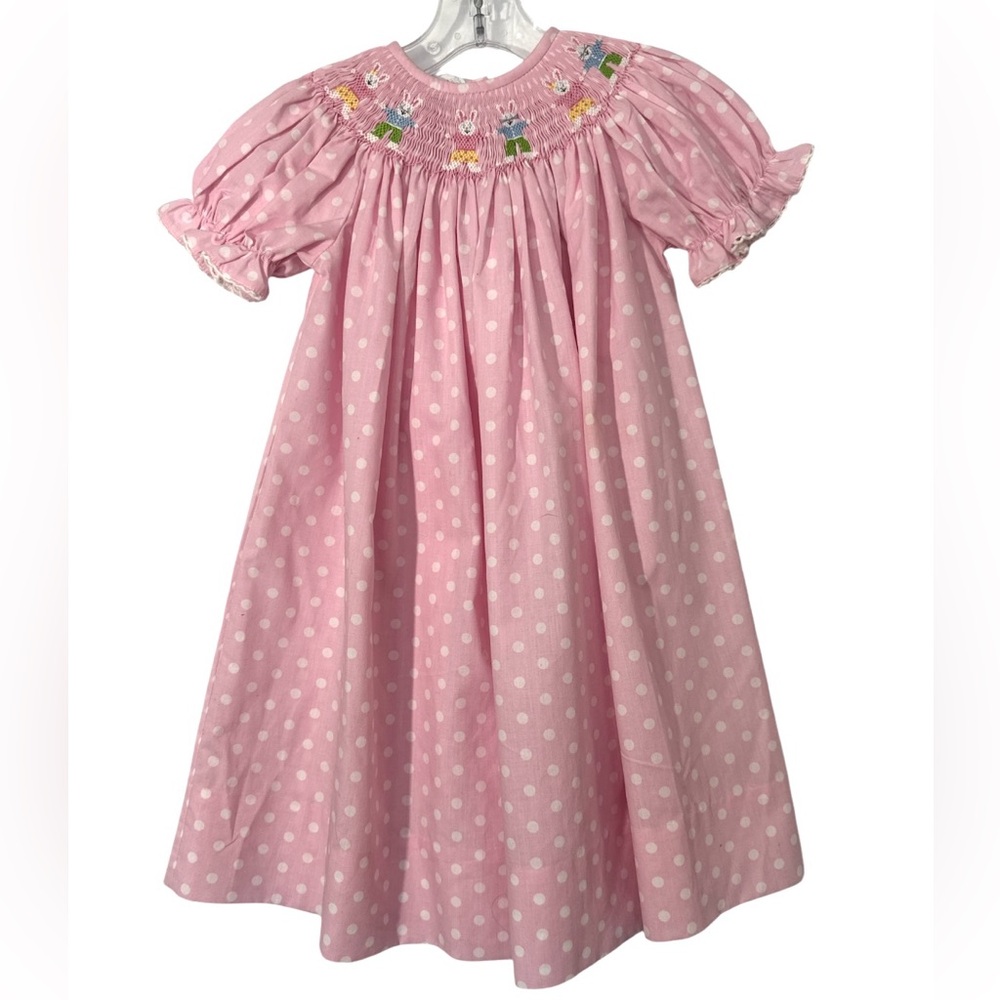Amanda Remembered Pink Polka Dot Bunny Smocked Dress Size 2